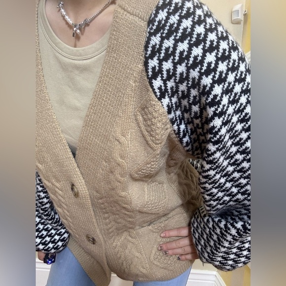 Tan and Black Houndstooth Women's Cardigan - Picture 7 of 10